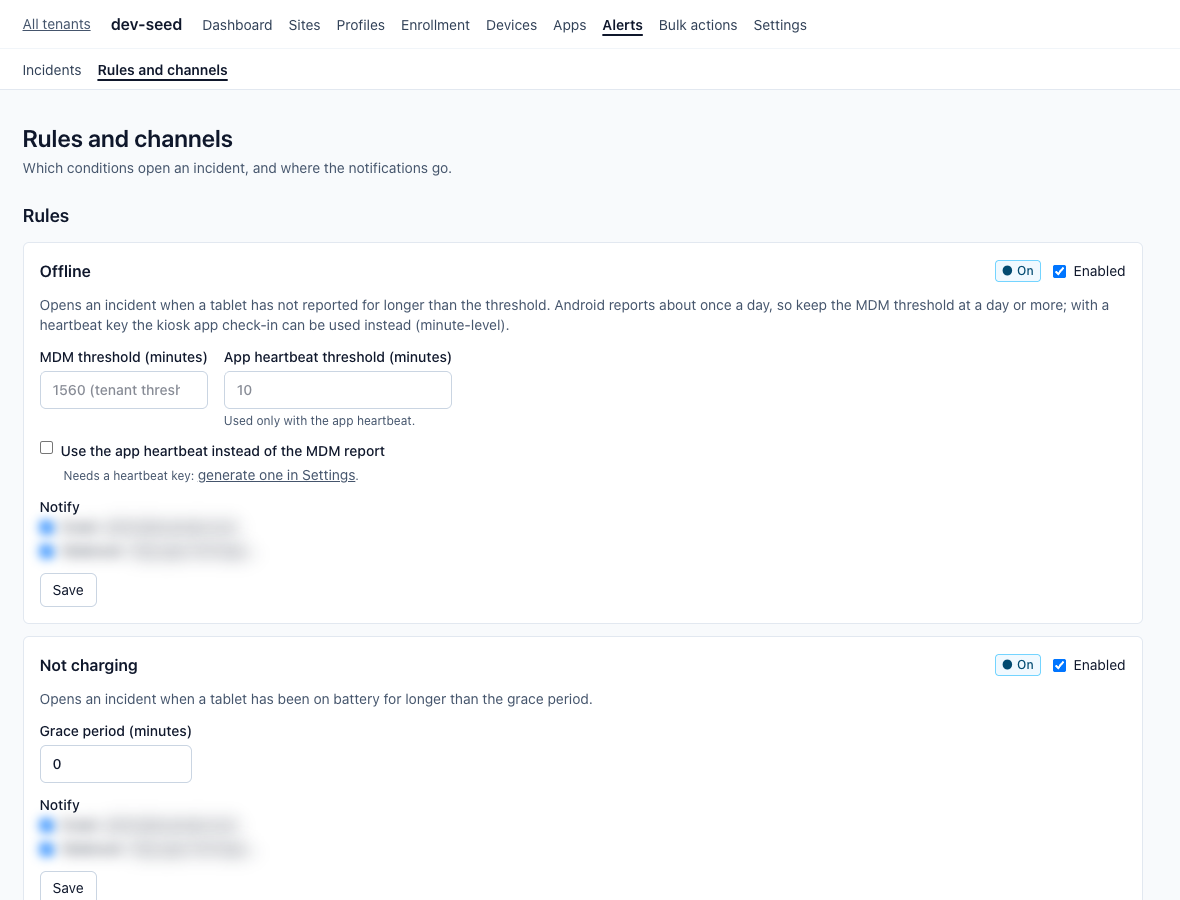 Alert rules for offline and not charging, each with thresholds and notification channels