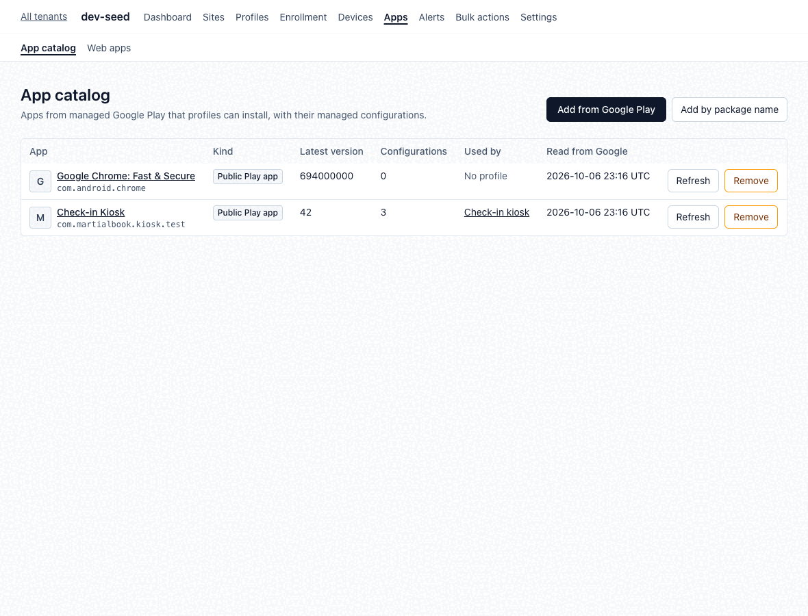 The app catalog listing managed Google Play apps with their configurations and the profiles that use them