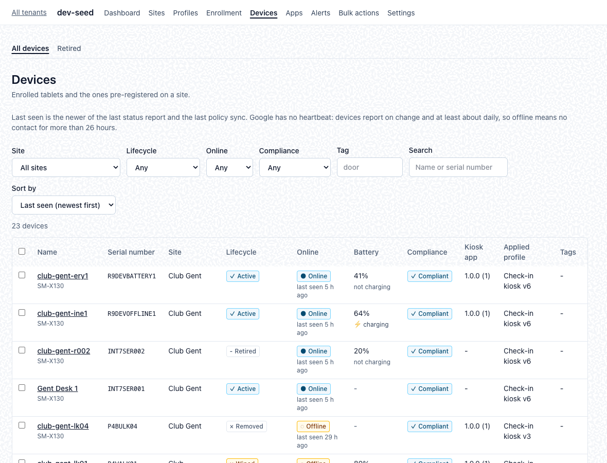 The device list with filters for site, lifecycle, online state, compliance and tag