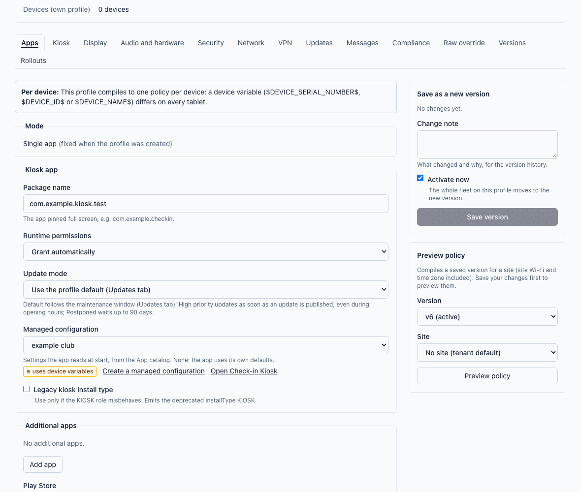 A single-app profile: the kiosk app, runtime permissions, update mode, managed configuration, and saving a new version