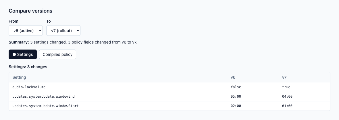 Comparing version 6 and version 7 of a profile: three settings changed, with the values before and after