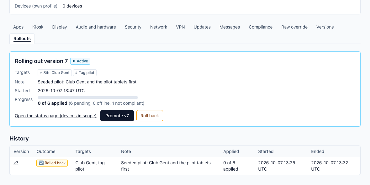 An active rollout of version 7 to one site and one tag, with progress, Promote and Roll back, and the rollout history