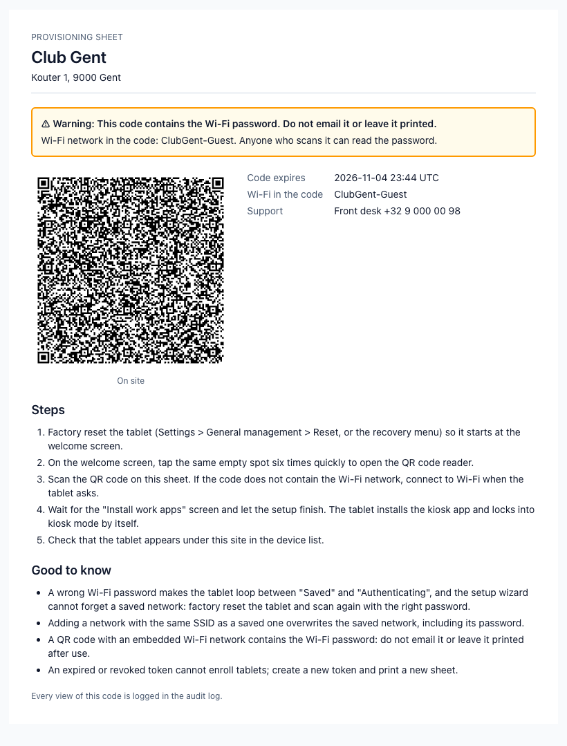 A printable provisioning sheet for a site: the enrollment QR code, the Wi-Fi network, and step-by-step setup instructions